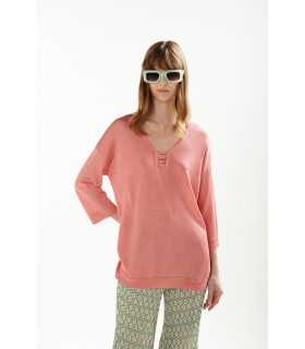  Oversize lurex blend V neck sweater with 3/4 sleeves double use