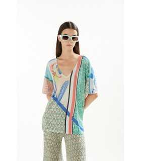  Maglia oversize con scollo a V, mezze maniche e stampa Iris double use