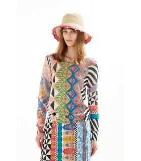  Maglia pointelle con scollo a barca e maniche lunghe con stampa Patchwork double use