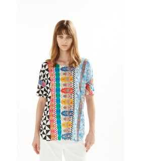  Oversize boat neck sweater with short sleeves and Patchwork print double use