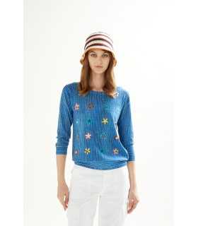  Boat neck sweater with 3/4 sleeves Jeans print and applications