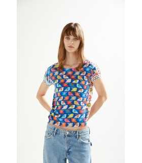  Boat neck sweater with short sleeves and Fun print double use