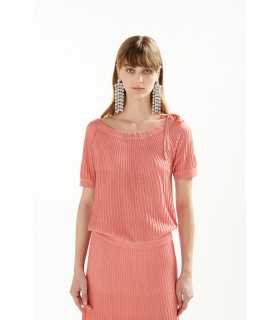 Pleated lurex blend boat neck sweater with ribbon and short sleeves