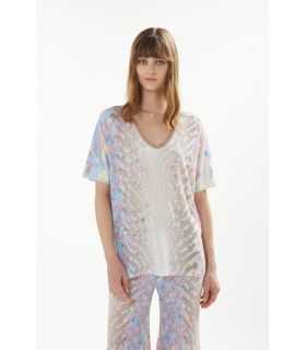 Maglia oversize con scollo a V, mezze maniche e stampa Animalier double use