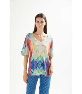 Maglia oversize con scollo a V, mezze maniche e stampa Cool double use