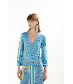 Crossed cardigan with pleated sleeves and Iris print