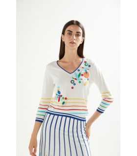 V neck sweater with felt applications and multicolor stripes