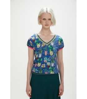  V-neck short-sleeve top with flowers print double use